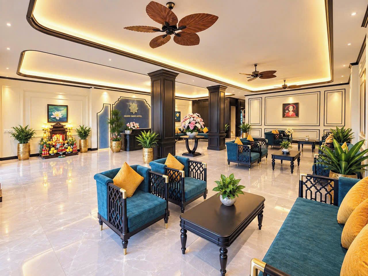 A spacious lobby with seating arrangements, a reception desk, and decorative elements.