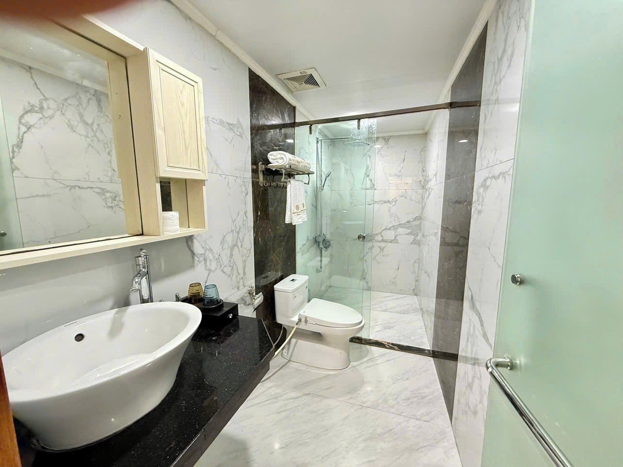 A bathroom with a large sink, toilet, and glass-enclosed shower.