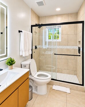 A modern bathroom with a glass-enclosed shower, a white toilet, and a sink with a mirror above it. - Aqua Suites (Nassau)