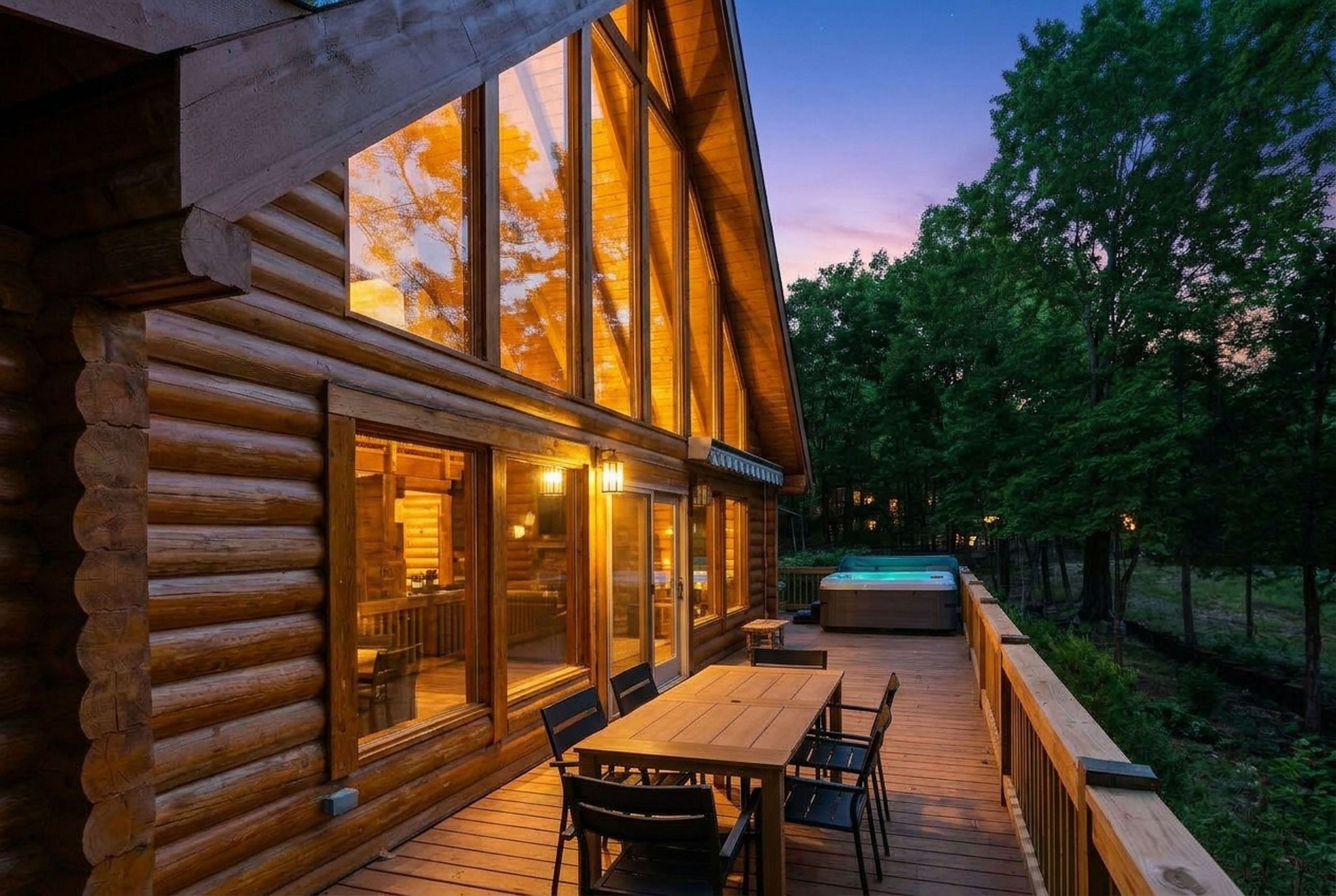 A log cabin with a deck, outdoor seating, and a hot tub.