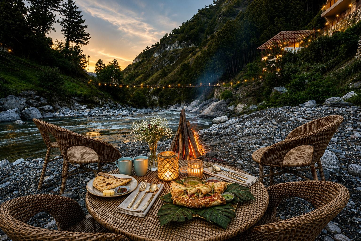 A riverside dining setup with wicker chairs, a table set with plates, cutlery, and a candle.