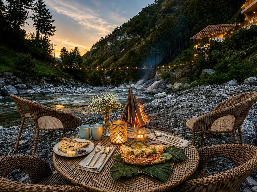A riverside dining setup with wicker chairs, a table set with plates, cutlery, and a candle.