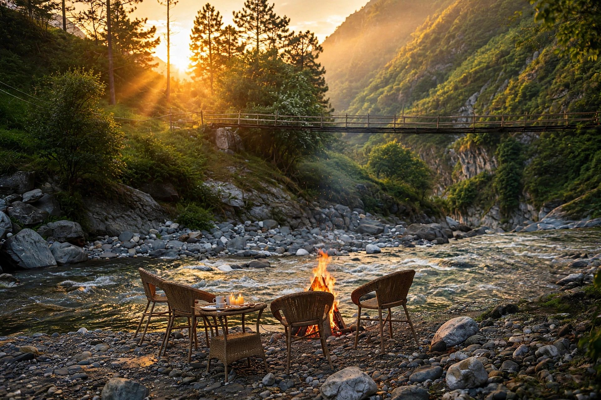 Un entorno junto al río con fuego, sillas y una mesa.