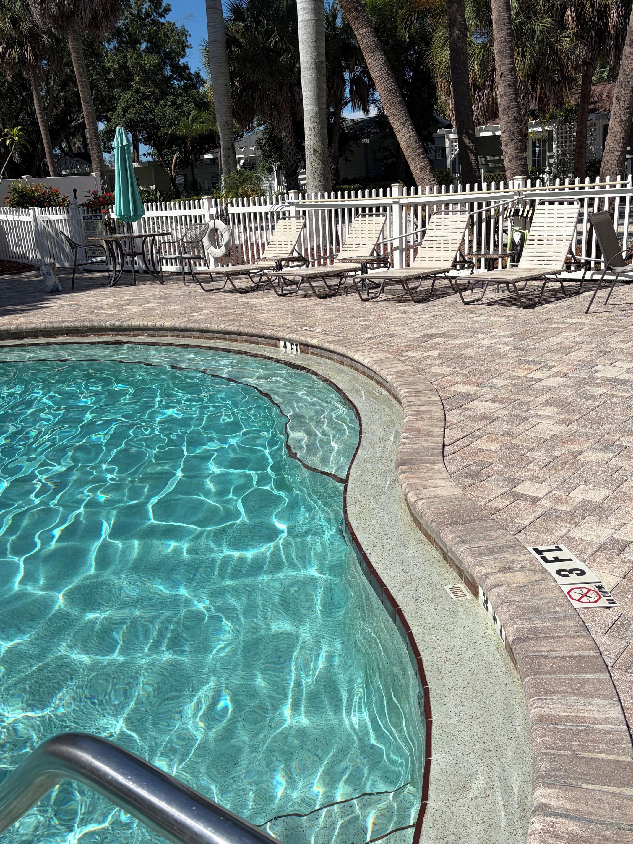 A swimming pool with a white fence, lounge chairs, and palm trees in the background.