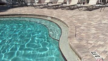 A swimming pool with a white fence, lounge chairs, and palm trees in the background.