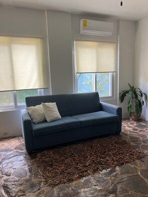 A room with a blue sofa, two white cushions, a patterned rug, and a potted plant. - Cozy 1-bedroom apartment in tranquil Departamento de Santa Bárbara with AC (Departamento de Santa Bárbara)