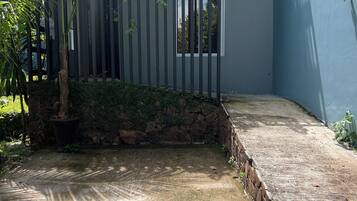 A fenced outdoor area with a stone wall, a concrete floor, and a palm tree.