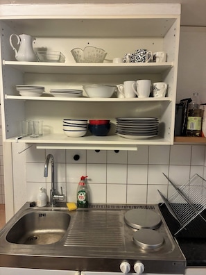 Una cocina con un lavamanos de acero inoxidable, una estufa y estantes con vajilla y tazas.