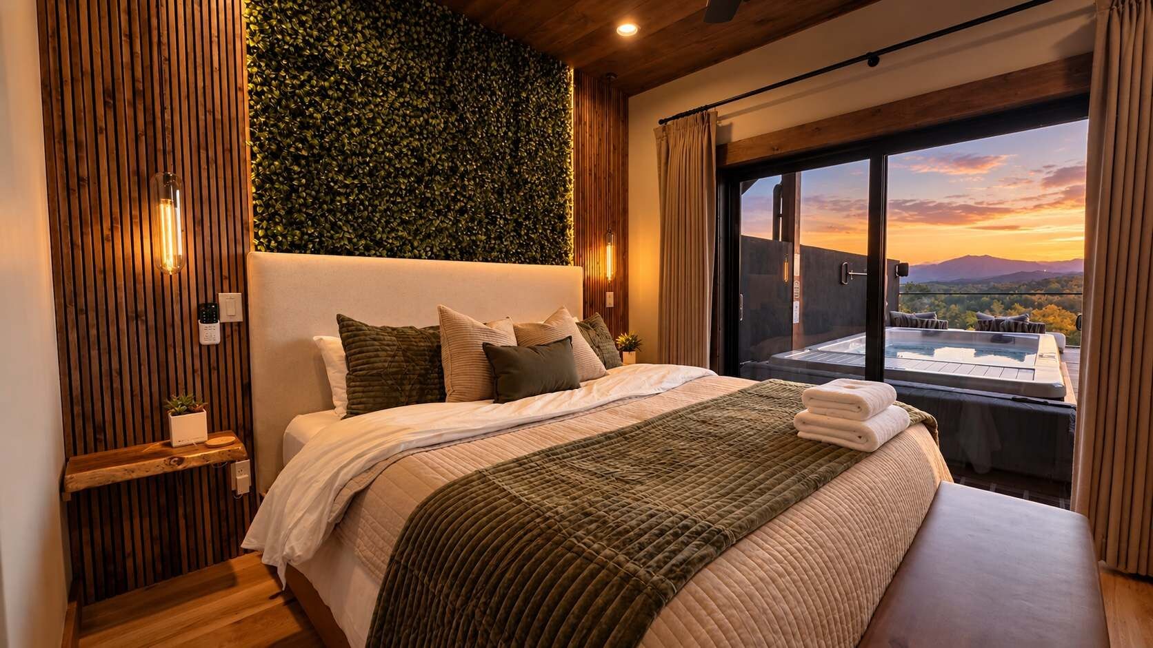 Ein Schlafzimmer mit einem großen Bett, Blick ins Freie und einer Wand aus vertikalen Holzleisten.