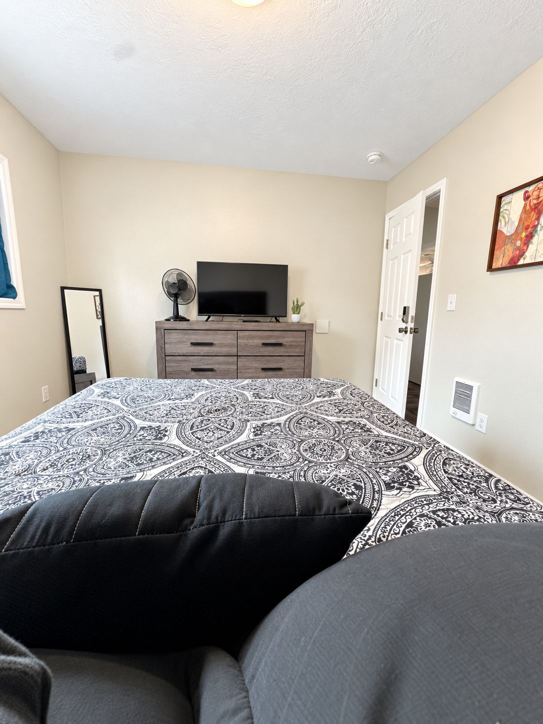 A bedroom with a bed, a dresser, a television, and a door.
