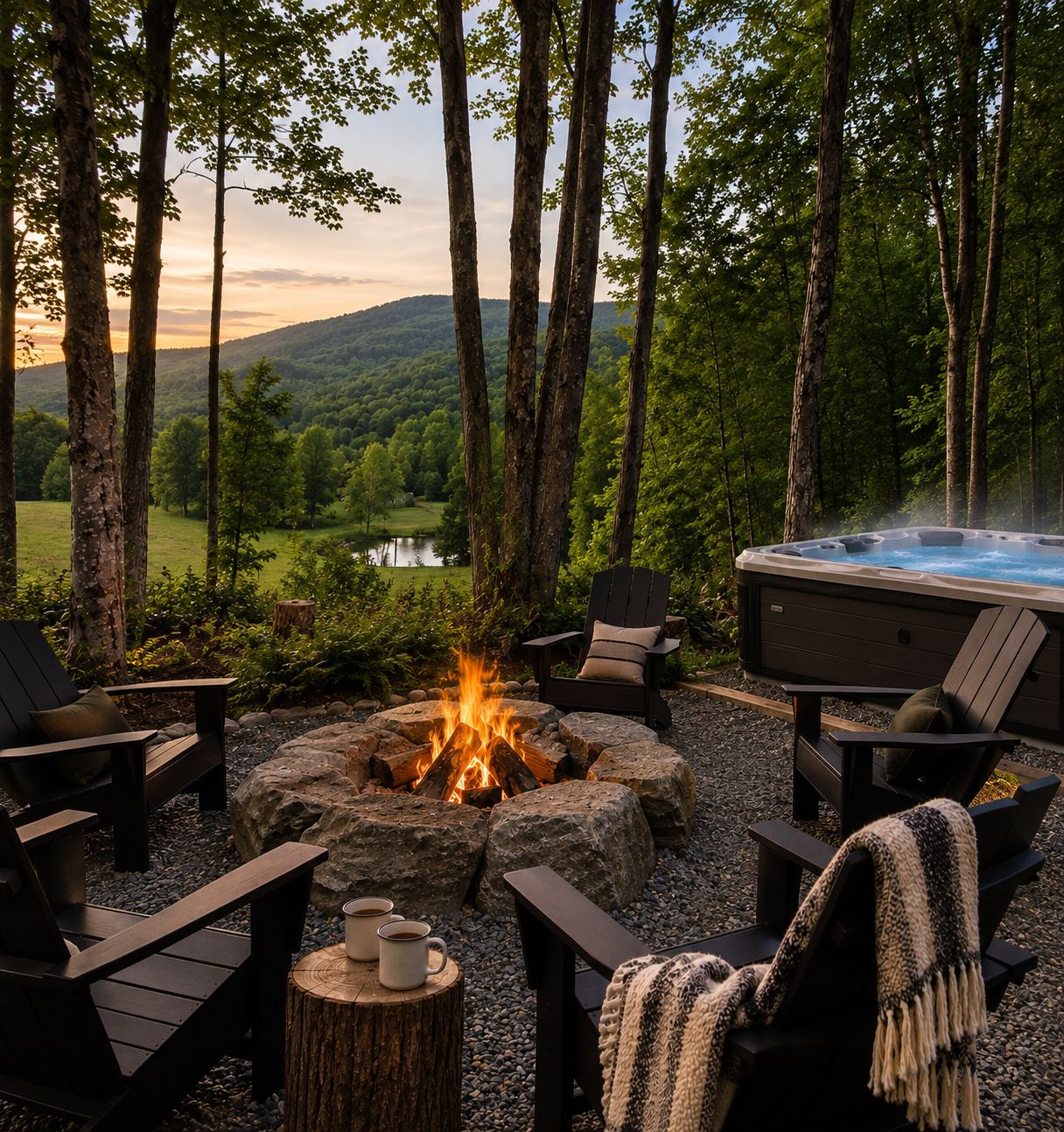 Un área de estar al aire libre con un pozo de fuego, sillones de descanso y un jacuzzi, rodeada de árboles y con vistas a un lago y colinas.