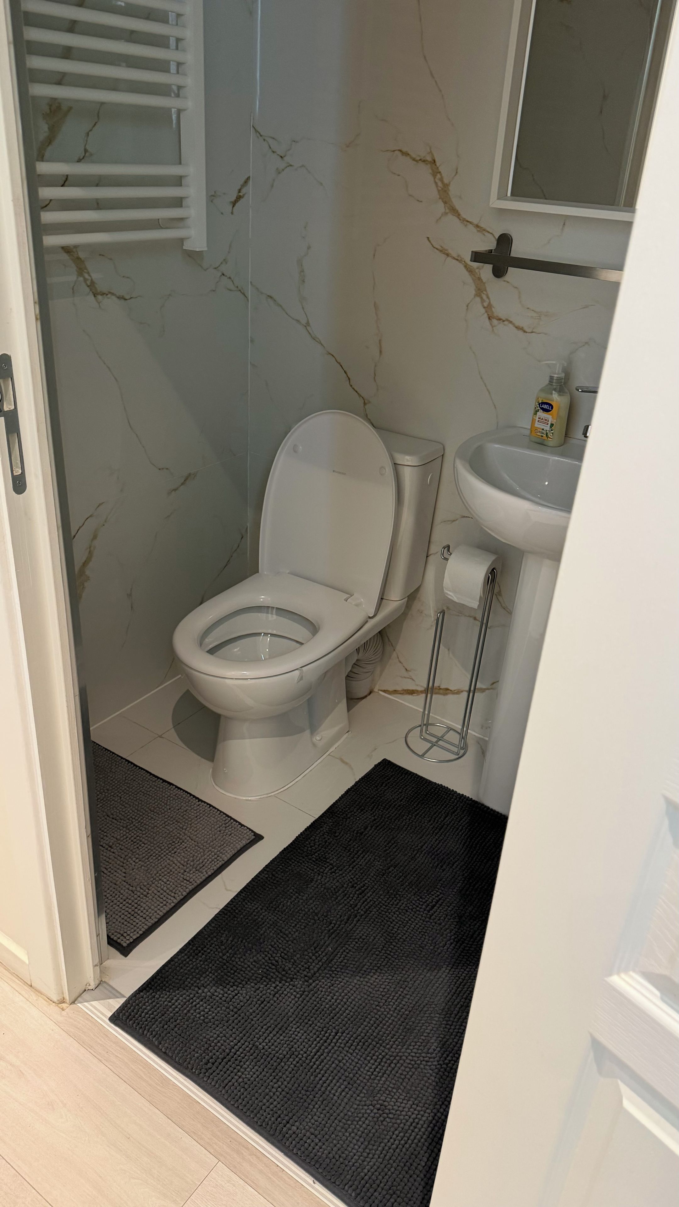 A bathroom with a toilet, sink, and a marble wall.