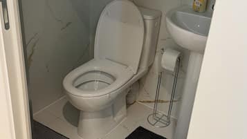 A bathroom with a toilet, sink, and a marble wall.