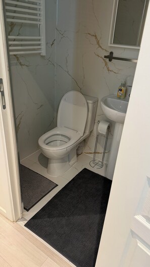 Ett badrum med toalett, handfat och en vägg klädd i marmor.