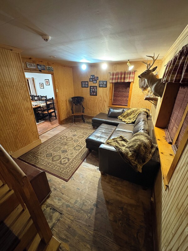 A cozy living room with a leather sofa, a patterned rug, and a mounted deer head on the wall.