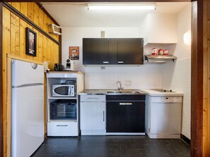 A compact kitchen with a refrigerator, microwave, oven, dishwasher, and a stove. - Cozy apartment - 5 guests, slopeside (Saint-Lary-Soulan)