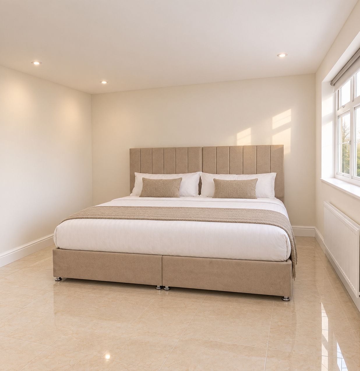 A bedroom with a large bed, a headboard, and a window.