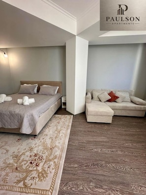 A modern bedroom with a bed, a sofa, and a patterned rug. - Brilliant 1-bedroom apartment with AC in charming Chișinău near  Airport. (Chișinău)