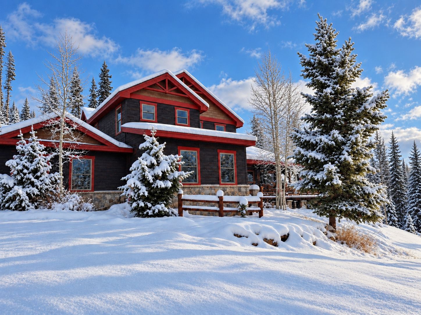 Une maison en bois à deux étages, avec un toit rouge et un environnement enneigé.