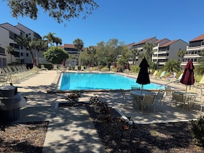A swimming pool with lounge chairs and umbrellas, surrounded by buildings and trees. - Cozy 2-bedroom condo with AC in nice Siesta Key (Siesta Key)