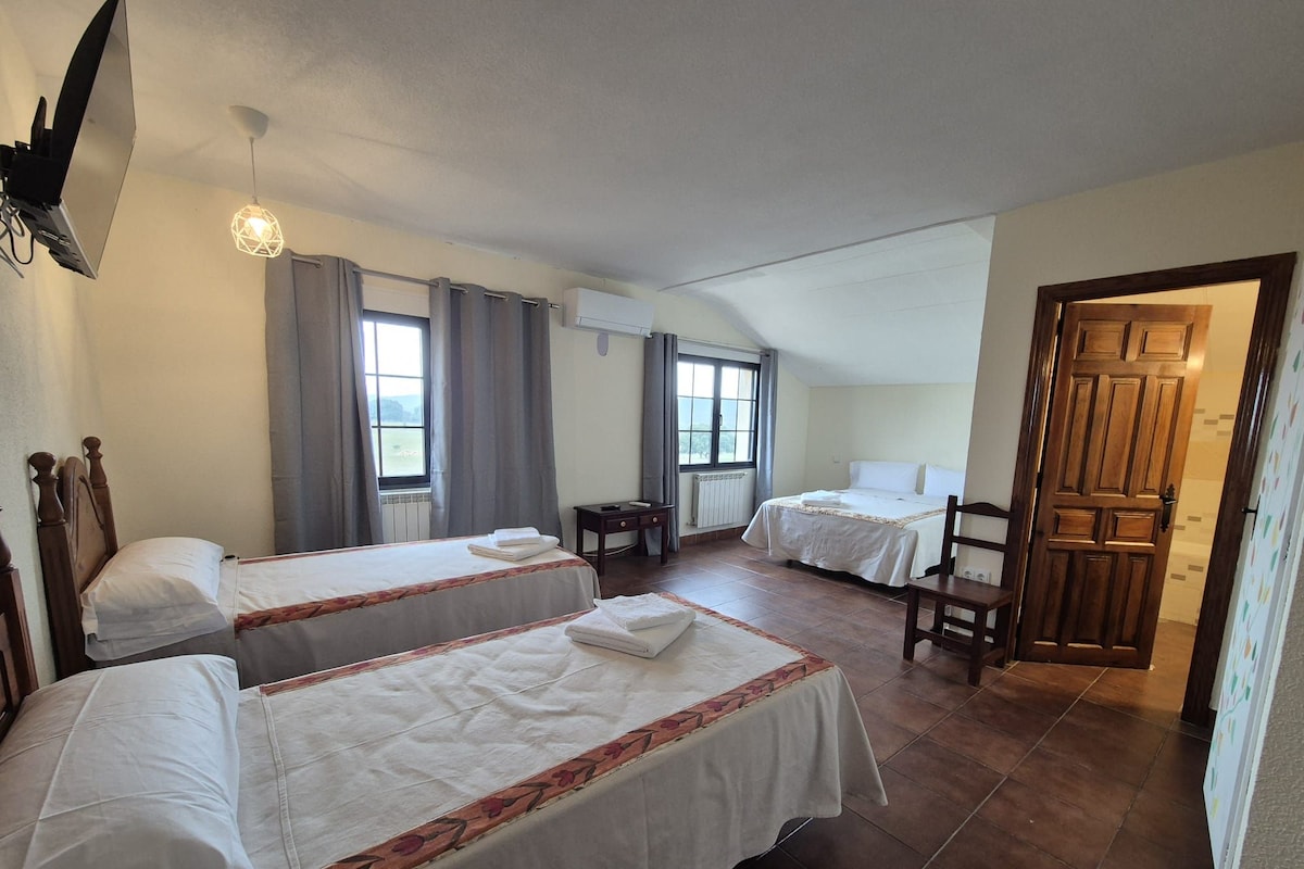 A hotel room with two beds, a desk, and a chair.
