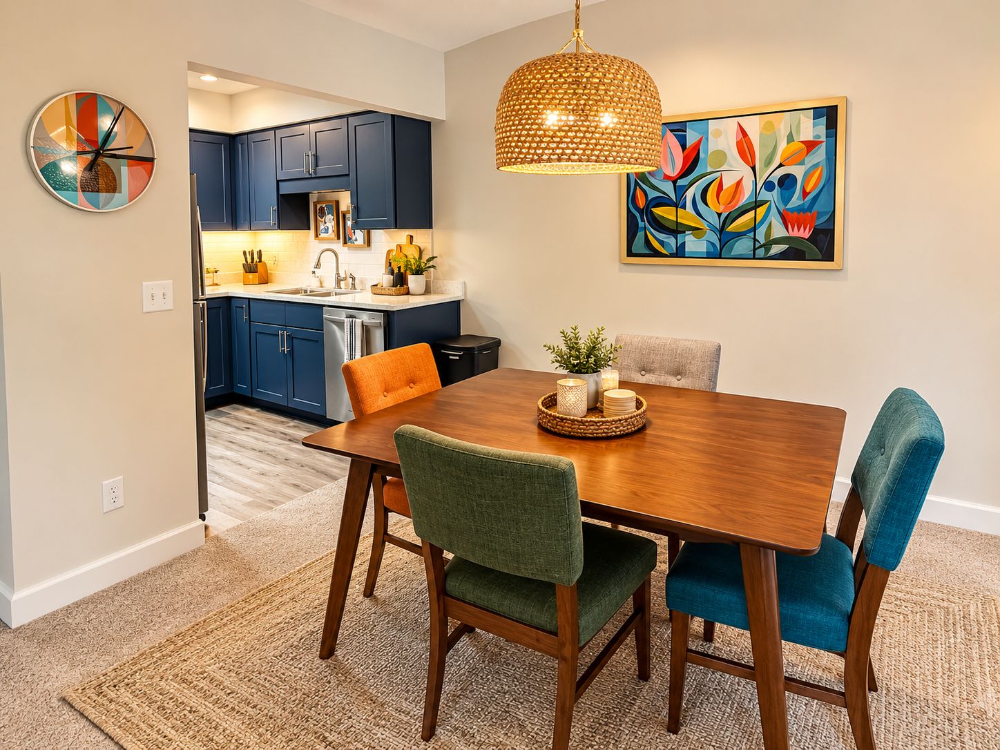 A dining area with a wooden table, four chairs, a woven pendant light, a colorful abstract painting, and a kitchen in the background.