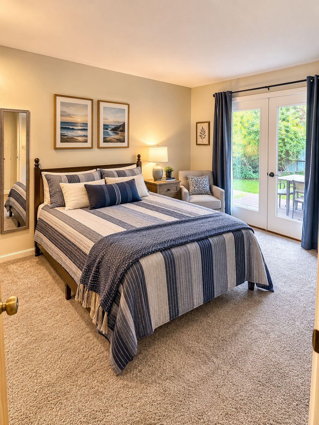 A bedroom with a large bed, a nightstand, a chair, a window with curtains, and a view of the outdoors.
