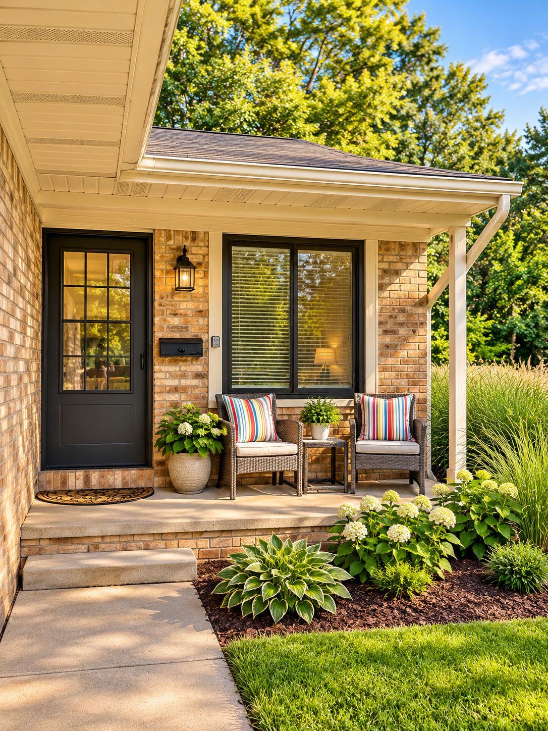 A residential house with a front porch, a black door, and a brick exterior.