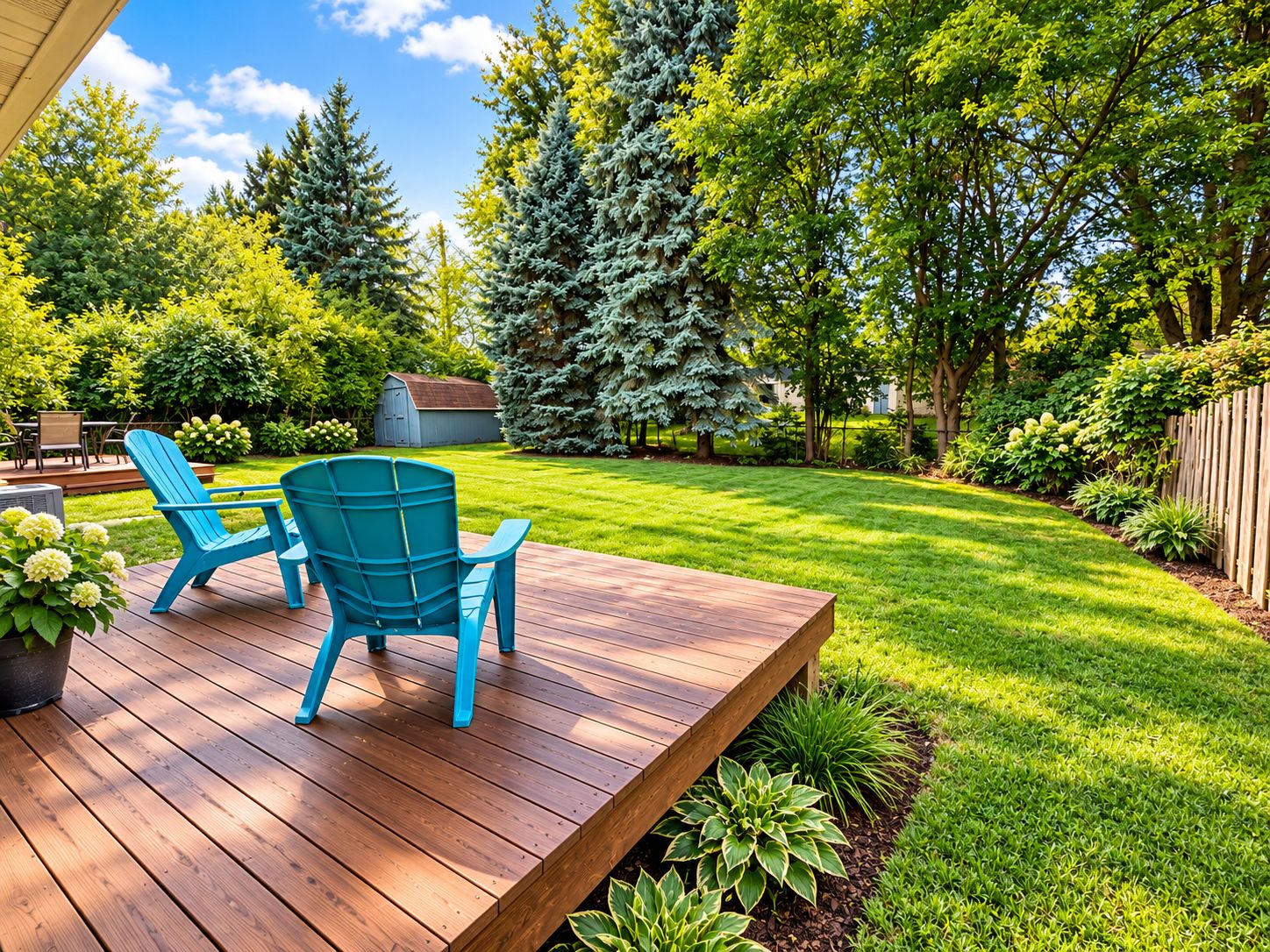 A deck with two chairs and a table, surrounded by a well-maintained lawn and various trees.