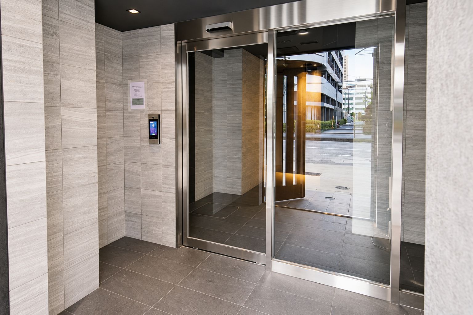 A modern elevator with a control panel and a glass door, leading to a lobby area with a view of the street.