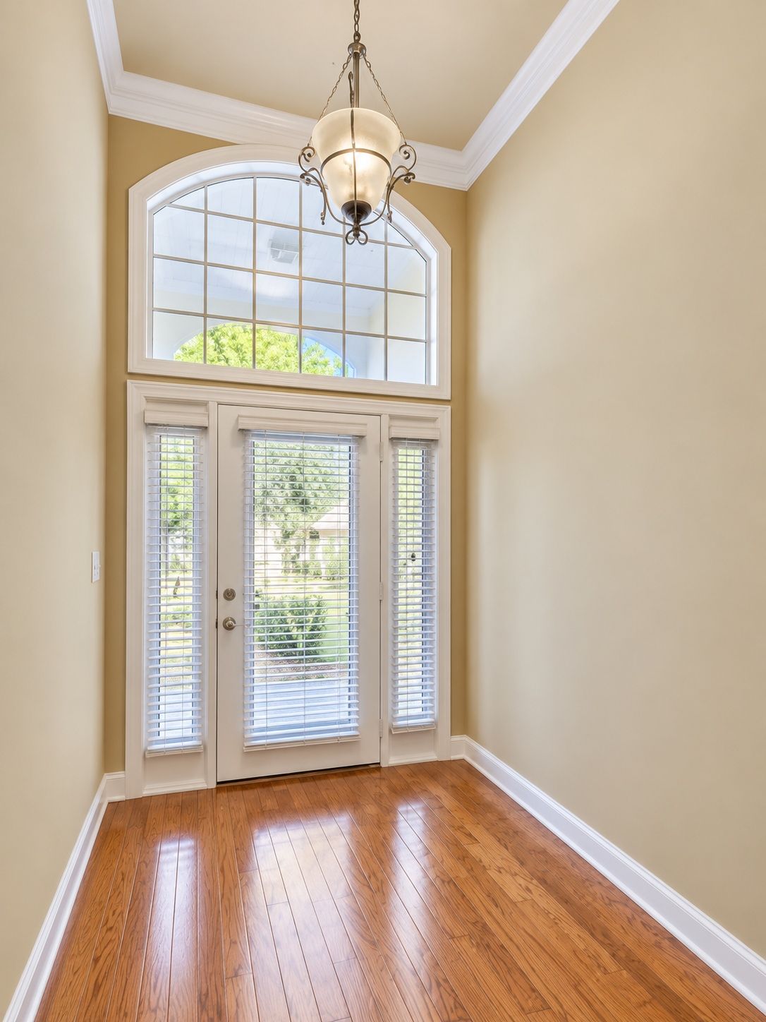 A hallway with a wooden floor, a white door with glass panels, and a ceiling light fixture.