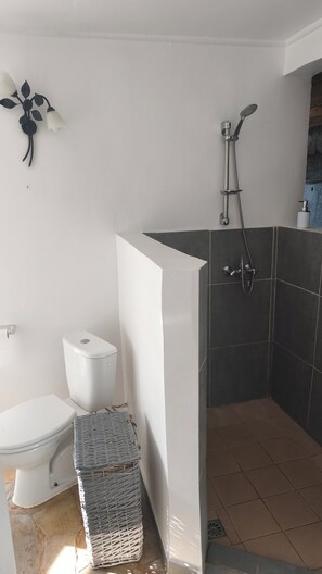 A bathroom with a toilet, a shower, and a white sink. - 'Aro'a Lodge: Exceptional views of the lagoon and Moorea (Faaa)