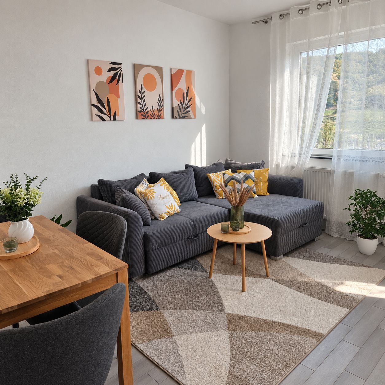 Ein modernes Wohnzimmer mit einem grauen Sofa, einem Holzesstisch und einem gemusterten Teppich.