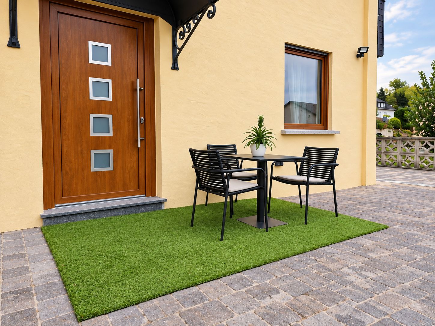 Ein Haus mit Holztür, einem Fenster und einer Terrasse mit künstlichem Rasen und einem Tisch mit Stühlen.