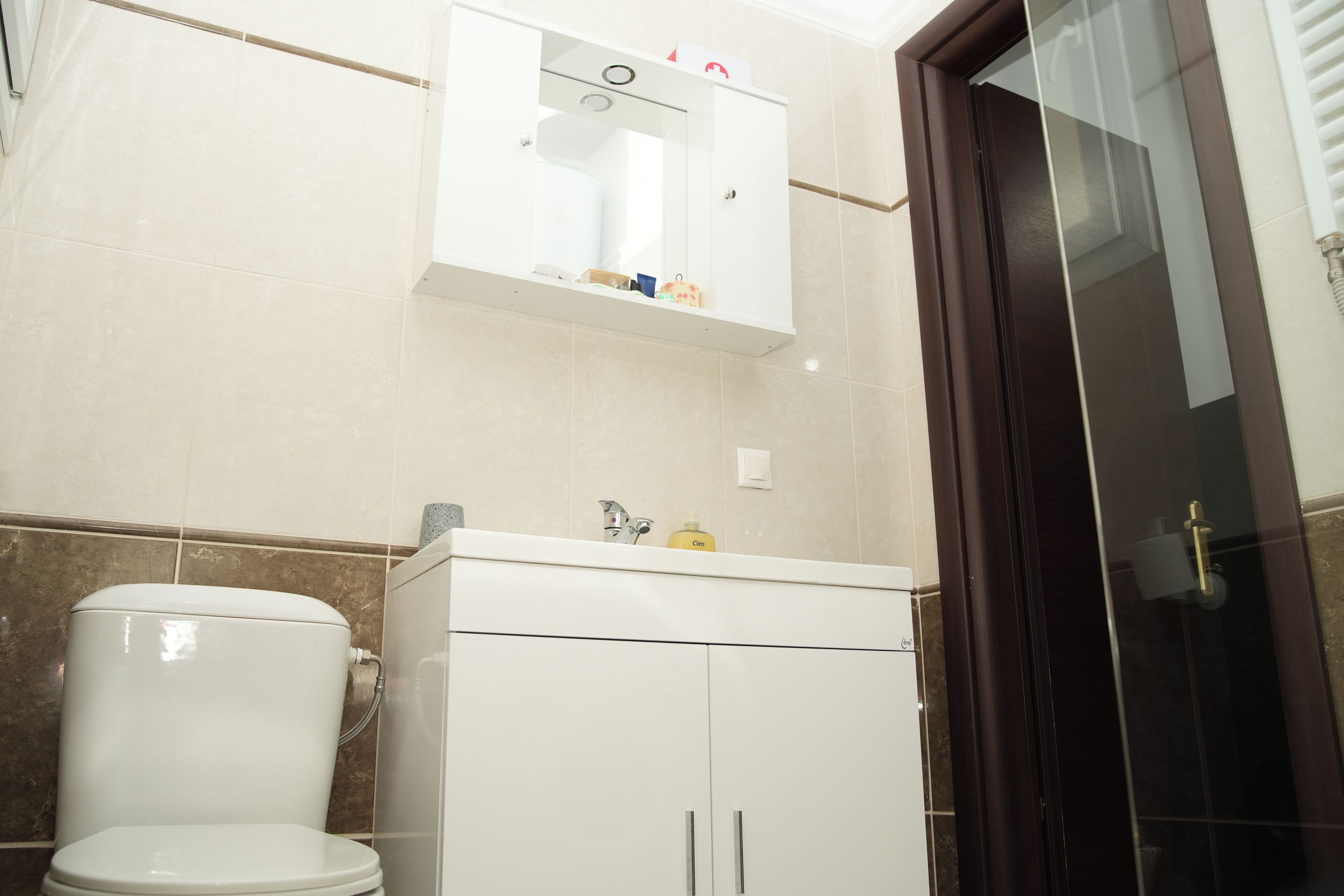 A bathroom with a toilet, a sink, and a mirror above the sink.