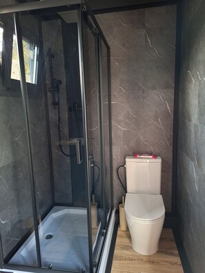A modern bathroom with a glass-enclosed shower, a toilet, and marble walls.