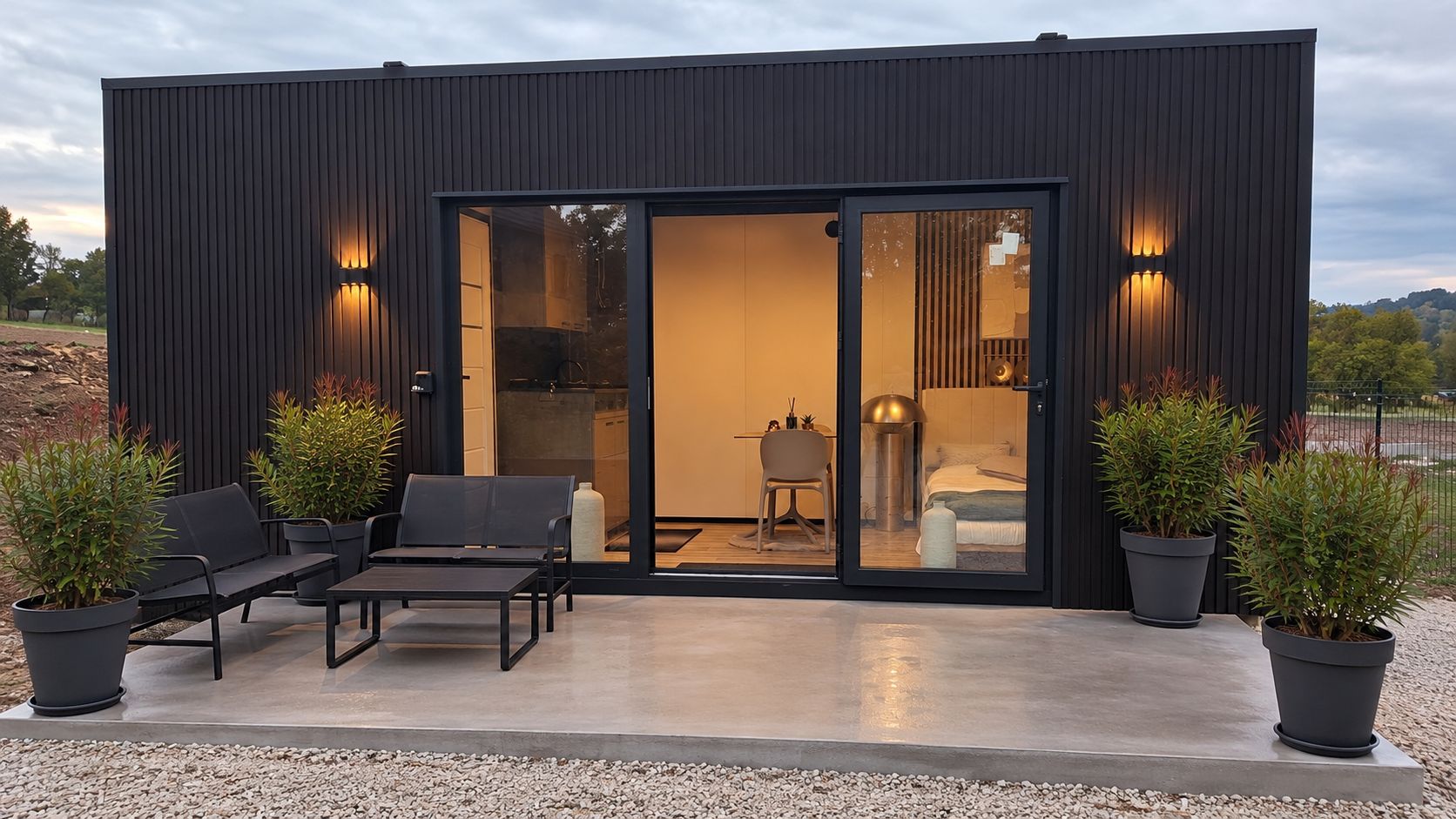 Un bâtiment moderne doté d’une entrée avec une porte-fenêtre coulissante, d’un espace extérieur aménagé pour s’asseoir et de plantes en pot.