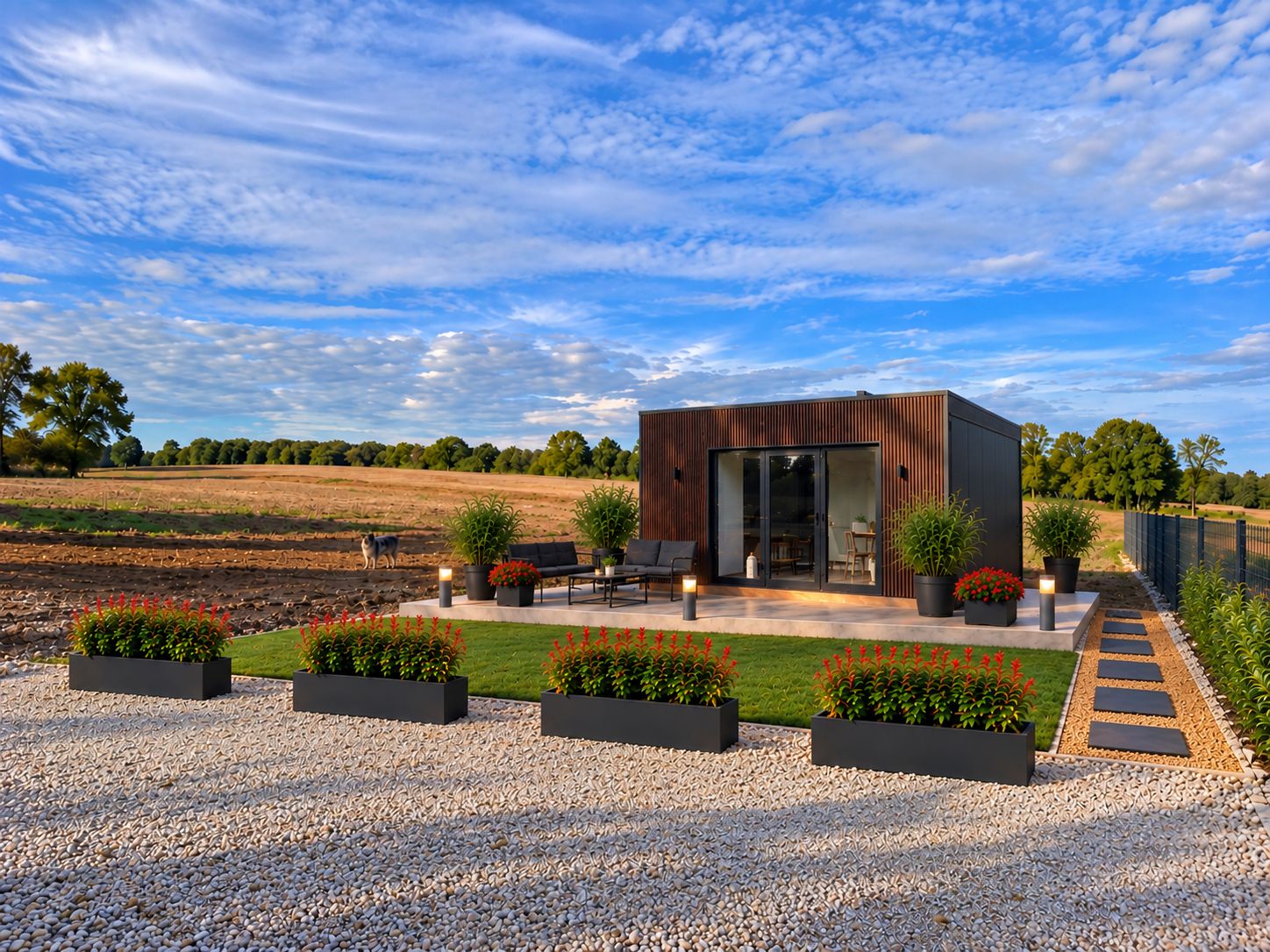Une maison moderne dotée d’un patio, d’un espace salon extérieur et d’un jardin.