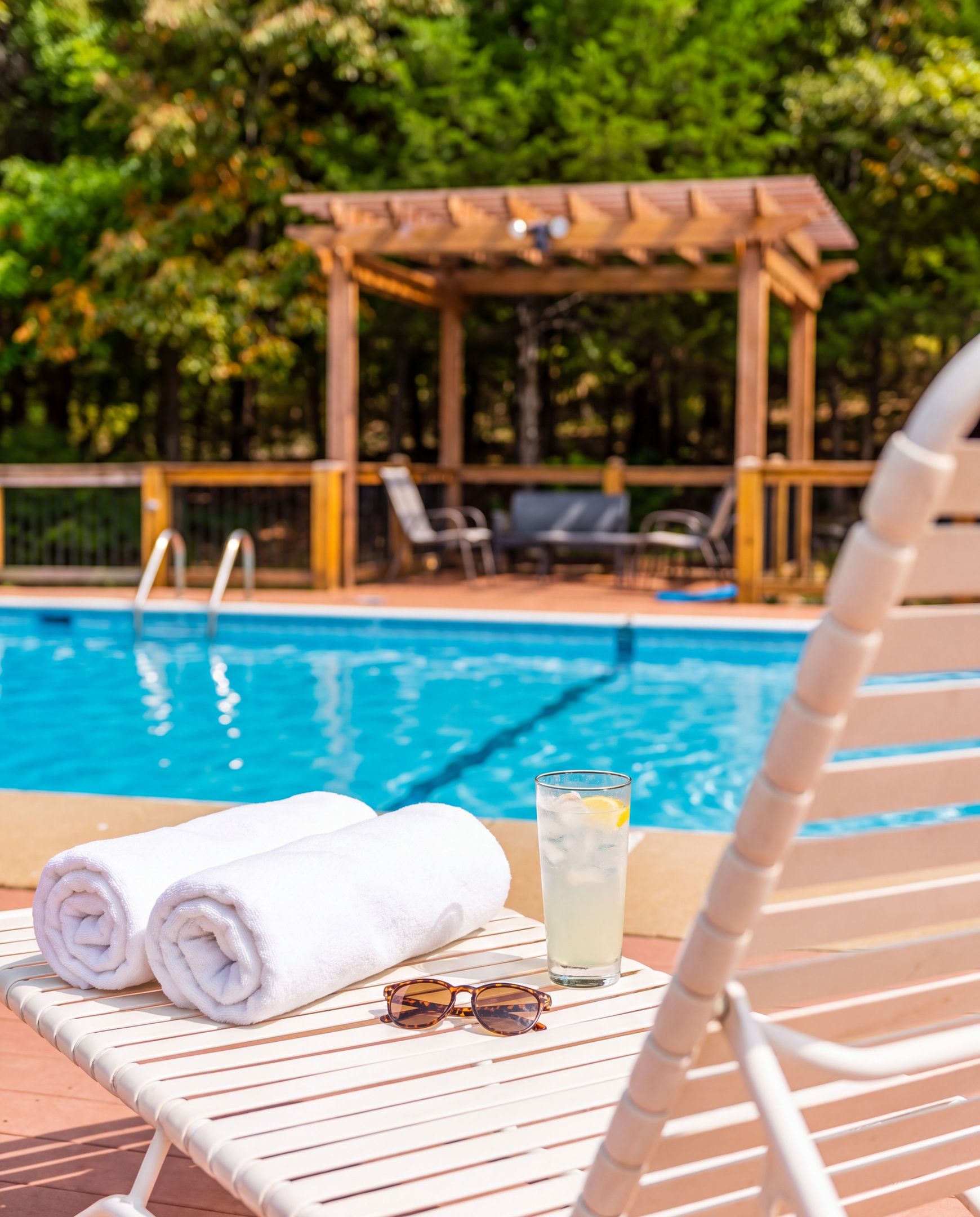 Zona junto a la piscina con una silla de descanso, una toalla, gafas de sol y un vaso de bebida helada.