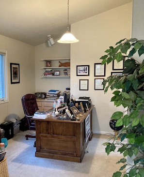 Een werkkamer met een bureau, stoel, boekenkasten, ingelijste certificaten en een hangplant.