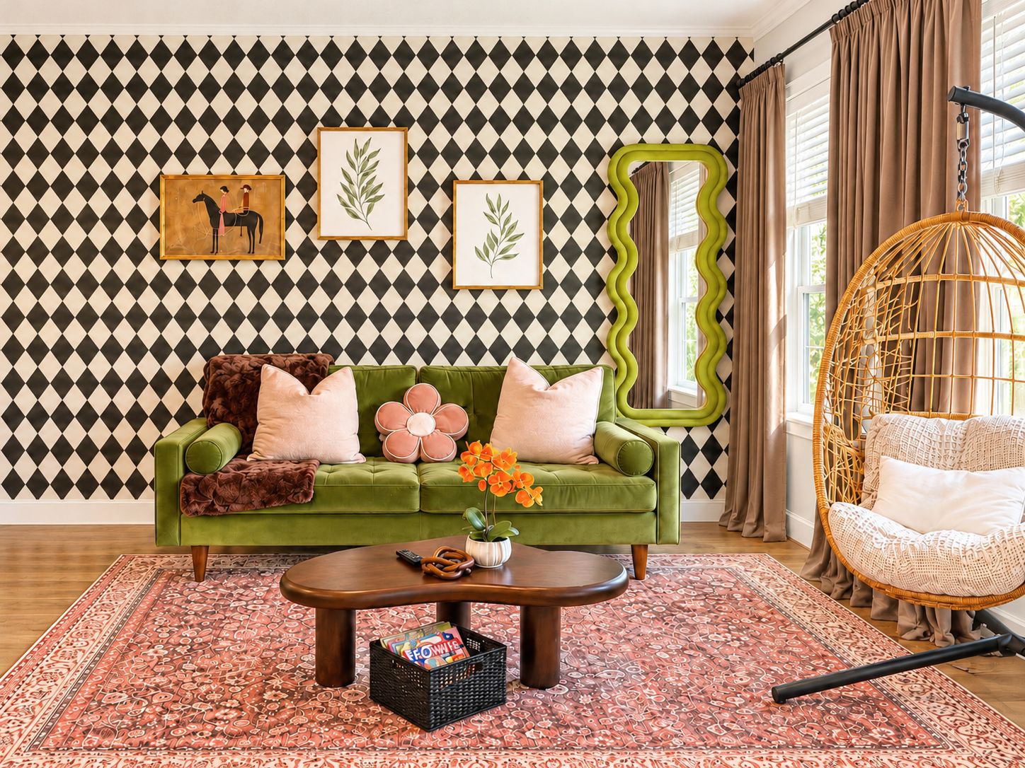 A room with a green sofa, a round coffee table, a wicker chair, and a patterned rug.