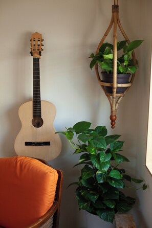 A guitar leaning against a wall, a hanging plant, and a chair with an orange cushion.