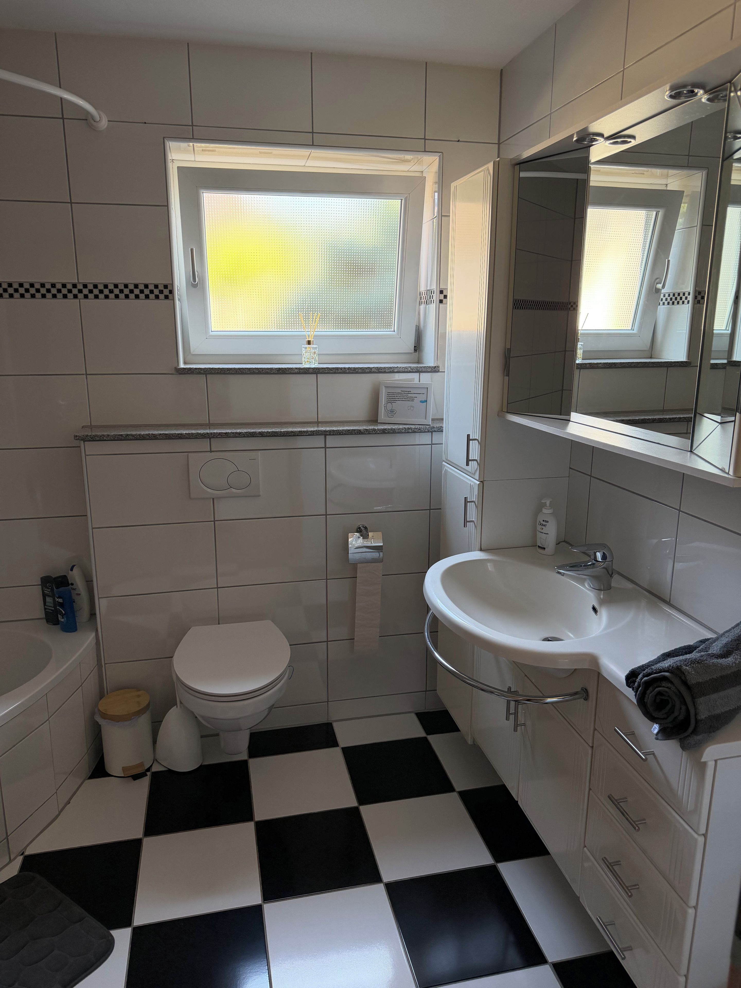 Ein Badezimmer mit Toilette, Waschbecken und Spiegel.