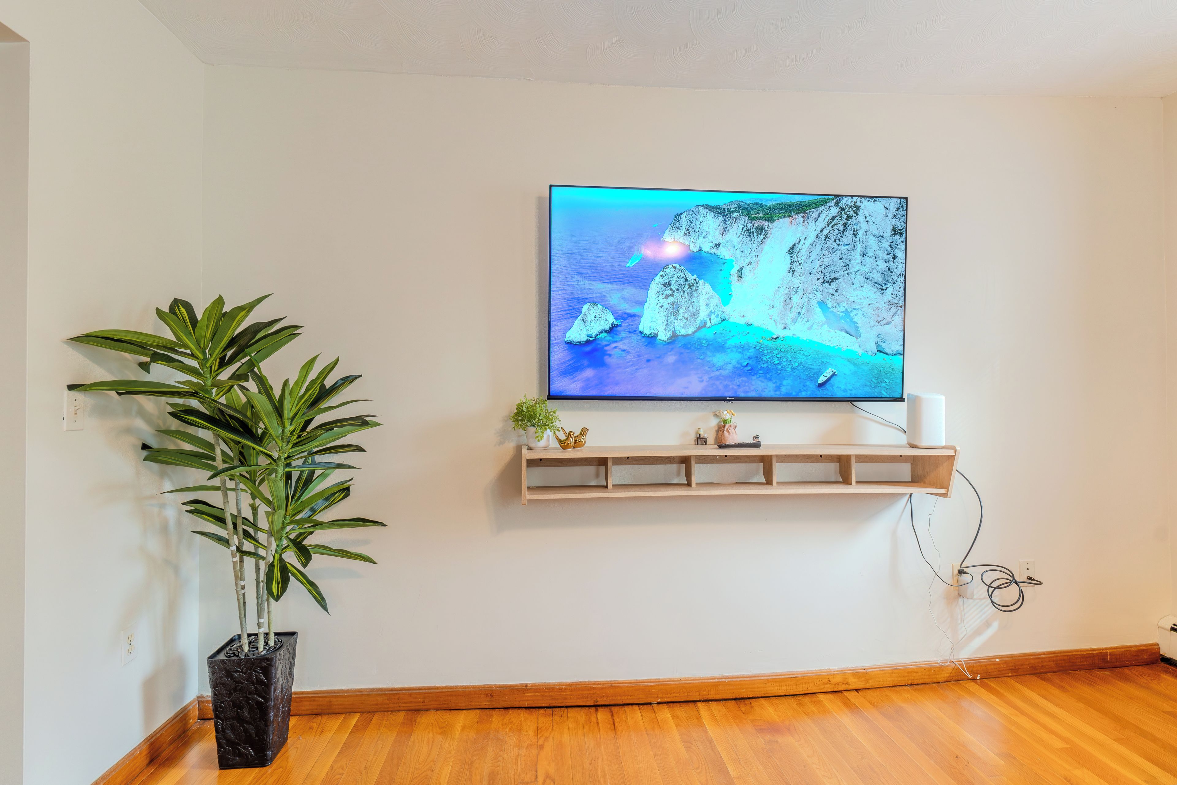 Un televisor de pantalla plana montado en la pared, con un estante de madera debajo, una planta en maceta a la izquierda y piso de madera.