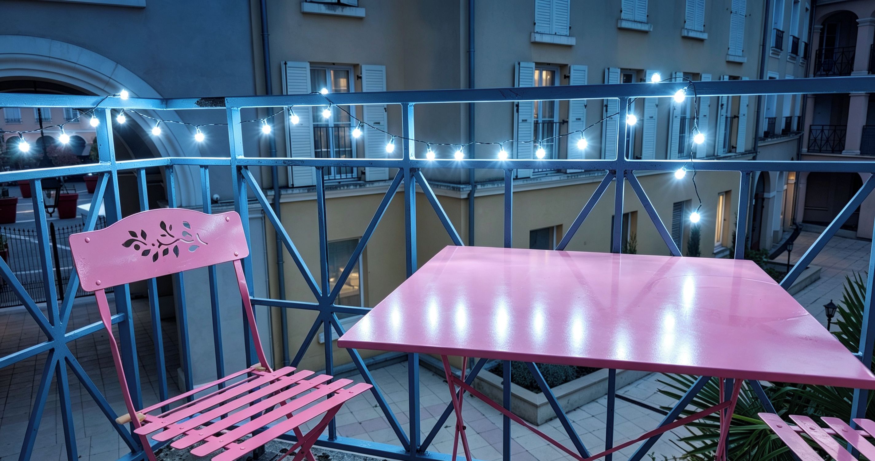 A balcony with a pink table and chair, string lights, and a building with balconies in the background.