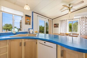 A kitchen with a blue countertop, a dishwasher, and a ceiling fan. - Peaceful home fully fenced/gated circle driveway and ready for your stay! (Kelseyville)