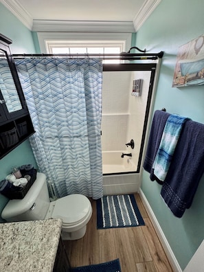 Une salle de bain avec douche, toilettes et lavabo.