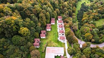 Vista aérea de una zona residencial con varias casas, una calle central y abundante vegetación.