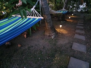 A hammock tied to a tree, a pathway, and a small light post.