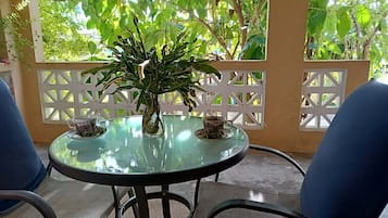 A round glass table with two chairs, a potted plant, and two cups with saucers.